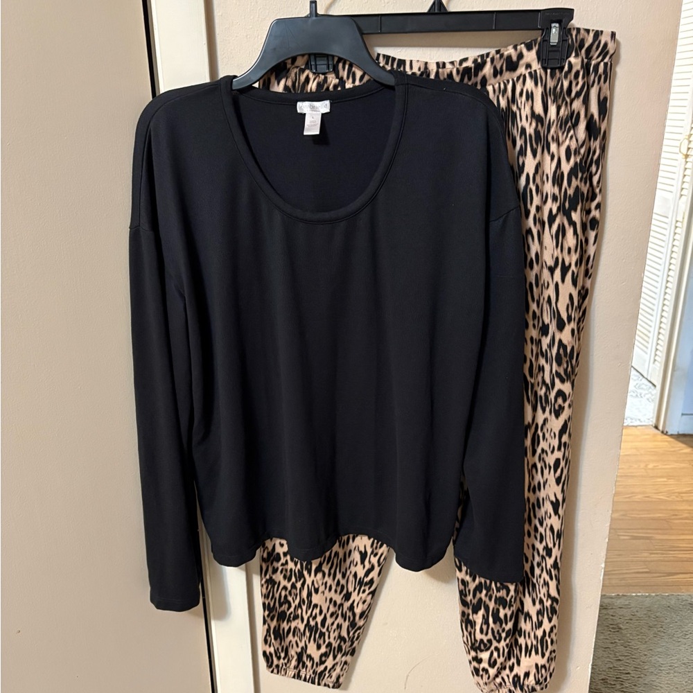 Ambrielle Black Top Leopard Print Lounge Pants Joggers Pajama Set Sz L